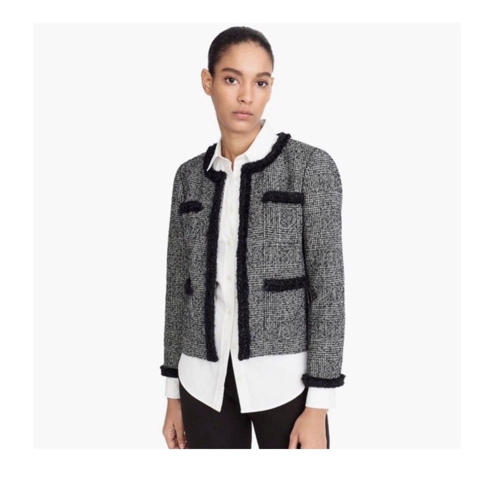 J. Crew Glen Plaid Braided Metallic Trim Tweed Jacket windowpane Plaid Size 2